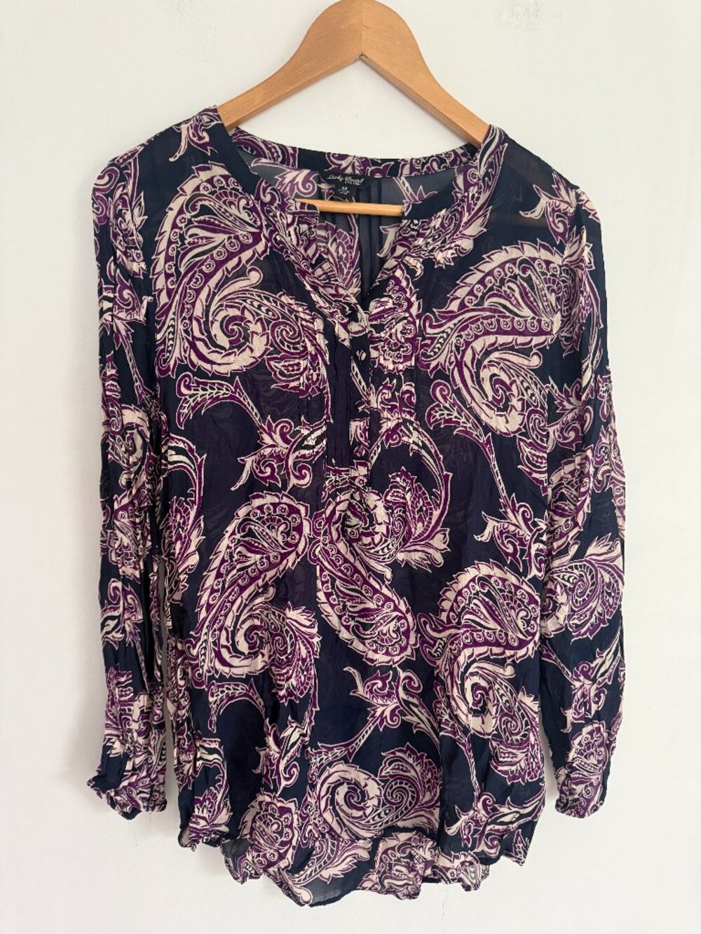 LUCKY BRAND Womens Blue Purple Floral Print Sheer Pleat Peasant Top Boho Size M